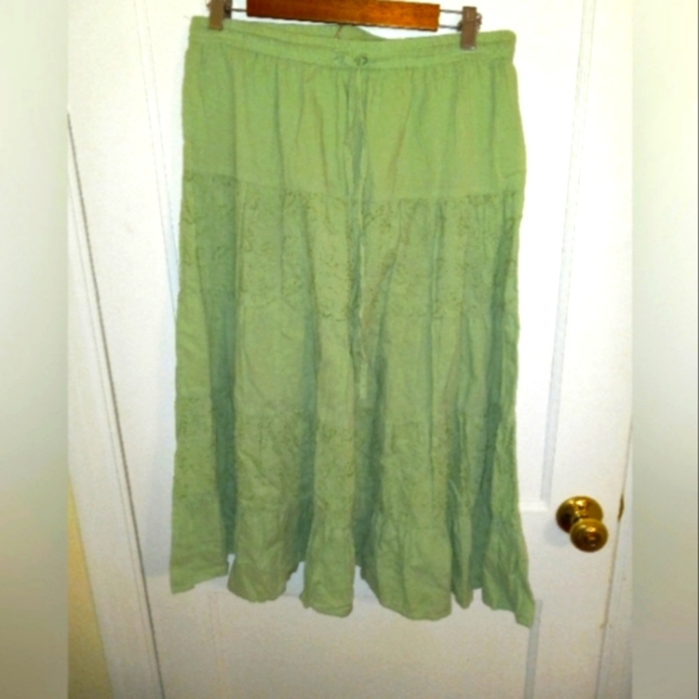 Embroidered tiered sage green fairycore Bohemian midi skirt